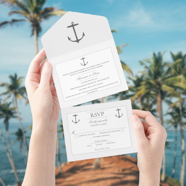 Simple Nautical Anchor Wedding | White All In One Invitation (White Nautical Anchor Wedding All in One Invitation)