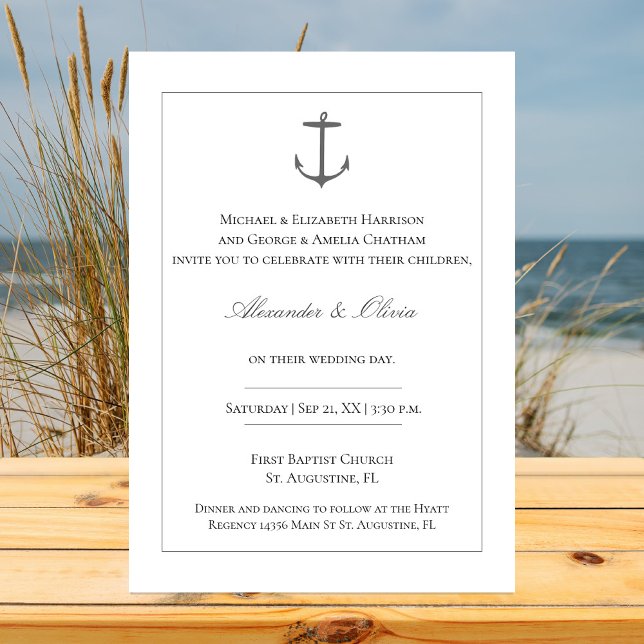Simple Nautical Anchor Wedding | White Invitation (White Simple Nautical Anchor Wedding Invitation)