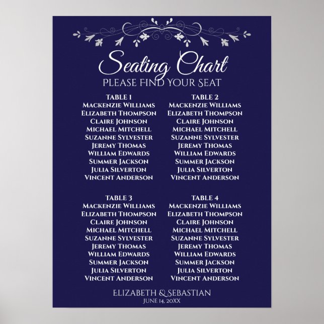 Simple Navy Blue 4 Table Wedding Seating Chart (Front)