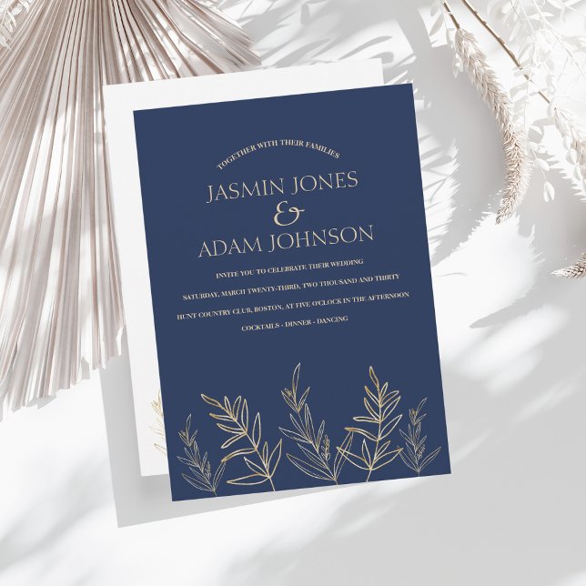 Simple Navy Blue and Gold Leaves Wedding Invitation (Creator Uploaded)