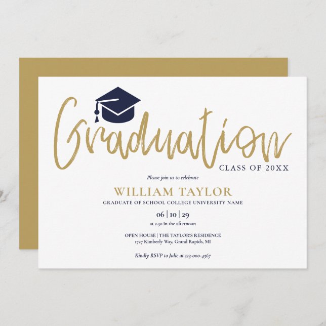 Simple Navy Blue And Gold Script Graduation Party Invitation (Front/Back)