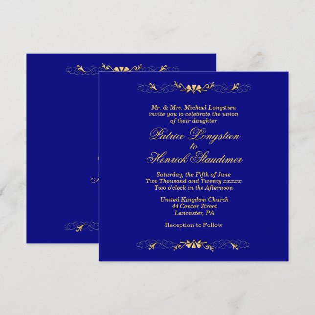 Simple Navy Blue and Gold Wedding Invitation (Front/Back)