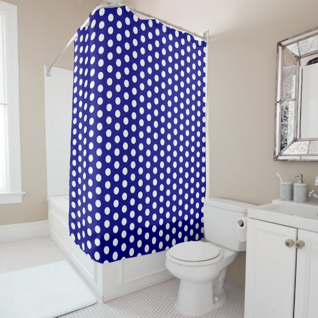 Simple Navy Blue and White Big Dots Pattern Shower Curtain (In Situ)
