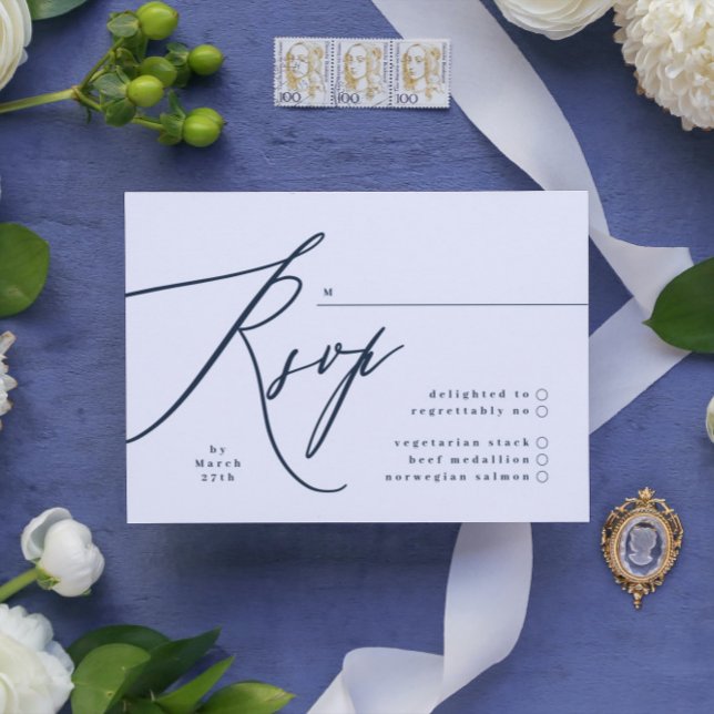 Simple Navy Blue and White Modern Calligraphy RSVP Card (Creator Uploaded)