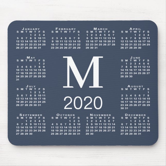 Simple Navy Blue and White Monogram 2020 Calendar Mouse Pad (Front)
