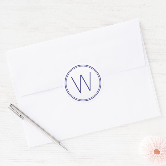 Simple Navy Blue and White Monogram Classic Round Sticker (Envelope)