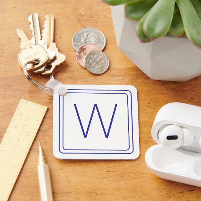 Simple Navy Blue and White Monogram Key Ring (Desk)