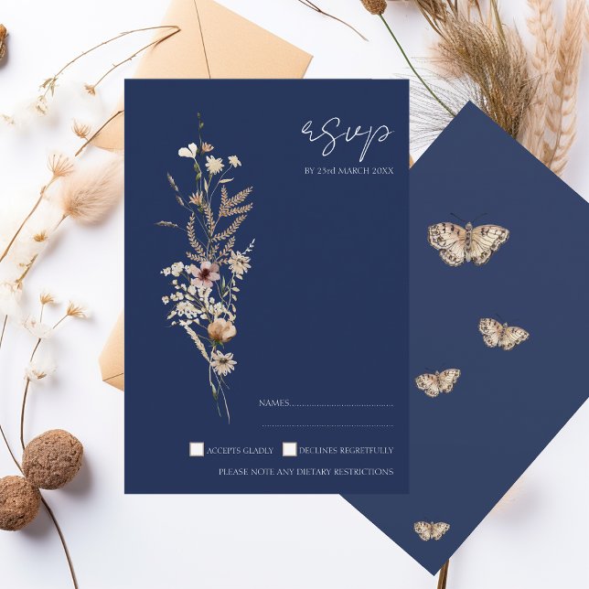 Simple Navy Blue Autumn Fall Wildflowers Wedding RSVP Card (Creator Uploaded)