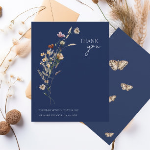 Simple Navy Blue Autumn Fall Wildflowers Wedding Thank You Card