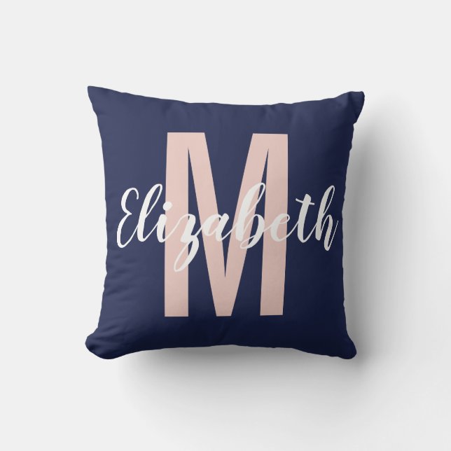 Simple Navy Blue Blush Pink Hand Script Monogram Cushion (Front)