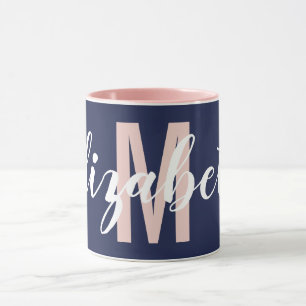 Simple Navy Blue Blush Pink Hand Script Monogram Mug
