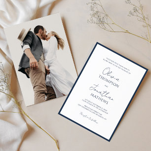 Simple Navy Blue Border Script Photo Wedding Invitation