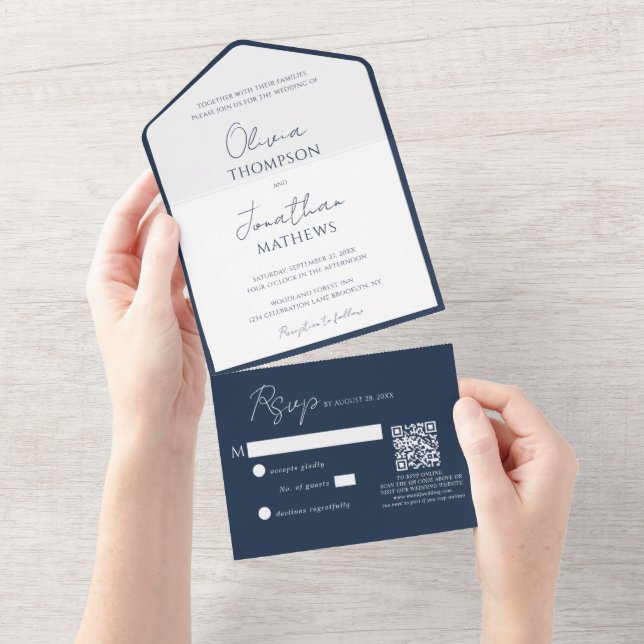 Simple Navy Blue Border Script QR Code Wedding All In One Invitation (Tearaway)