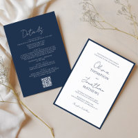 Simple Navy Blue Border Script QR Code Wedding