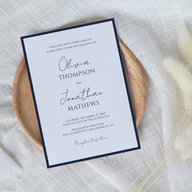 Simple Navy Blue Border Script Wedding Invitation (Creator Uploaded)