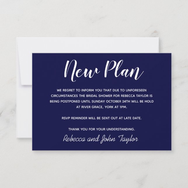 Simple Navy Blue Bridal Shower Postponement Card (Front)