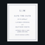 Simple Navy Blue Budget Wedding Save the Date<br><div class="desc">Simple budget save the date featuring a modern yet elegant design with your two letter monogram at the top and your wedding details surrounded by a thin border. All design elements are in navy blue and may be changed in the design editing tool. A chic and stylish design that is...</div>