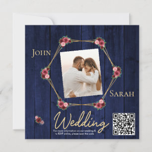 Simple Navy Blue Burgundy Photo Wedding QR Code