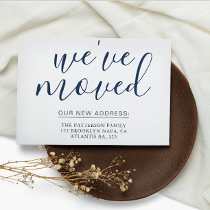 Simple Navy Blue Calligraphy We've Moved House Announcement Postcard