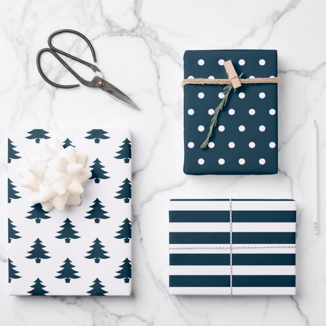 Simple Navy Blue Christmas Trees Mixed Wrapping Paper Sheet (Front)