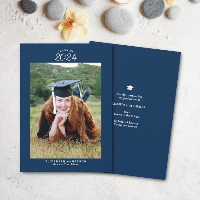 Simple Navy Blue Class of 2024 Graduation Photo Announcement (Creator Uploaded)