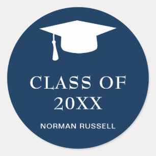 Simple Navy Blue Class Of Year Guy Graduation Cap Classic Round Sticker