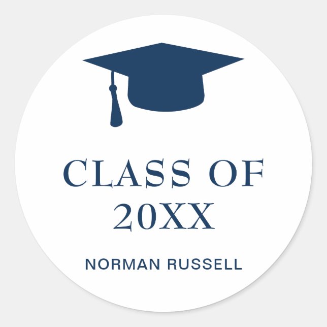Simple Navy Blue Class Of Year Guy Graduation Cap Classic Round Sticker (Front)