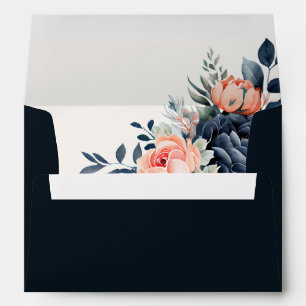 Simple Navy Blue Dusty Rose Floral Wedding Envelope