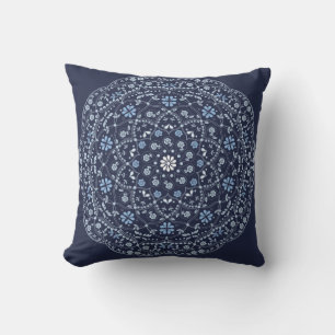 Simple Navy Blue Floral Minimalist Mandala Cushion