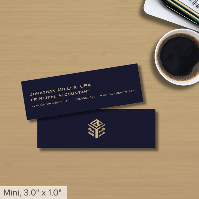 Simple Navy Blue Gold Logo Mini Business Card (Creator Uploaded)