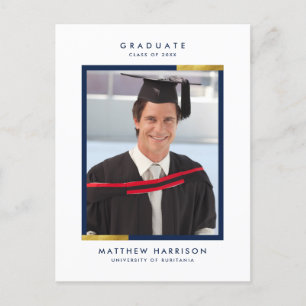 Simple Navy Blue & Gold Photo Graduation Party Invitation Postcard