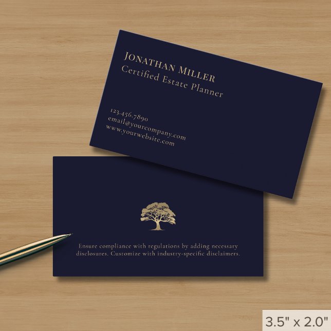 Simple Navy Blue Gold Tree Business Card (Creator Uploaded)