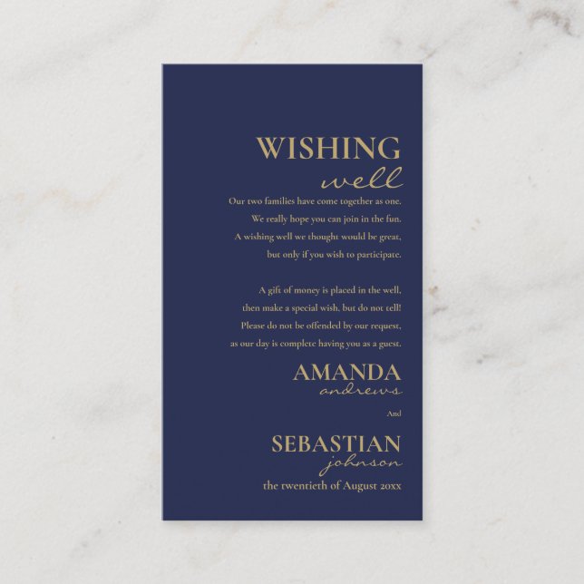 Simple navy blue gold typography wishing well enclosure card (Front)