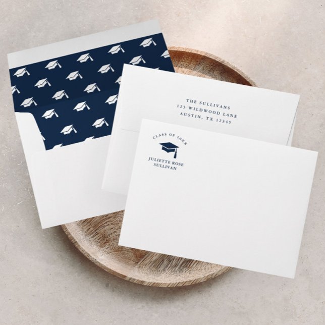 Simple Navy Blue Graduation  Envelope (Simple Navy Blue Graduation Cap Invitation and Announcement Envelopes with printed return address.)