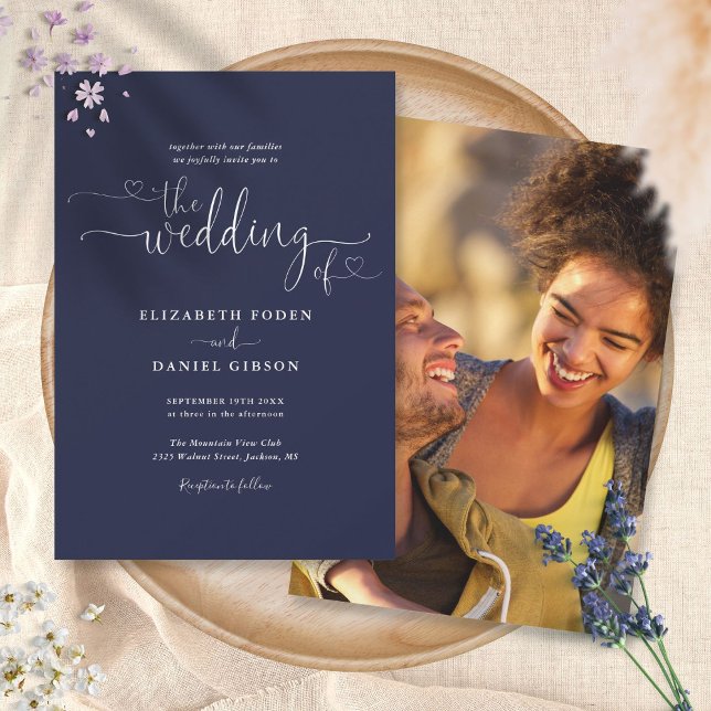 Simple Navy Blue Hearts Script Photo Wedding Invitation (Creator Uploaded)
