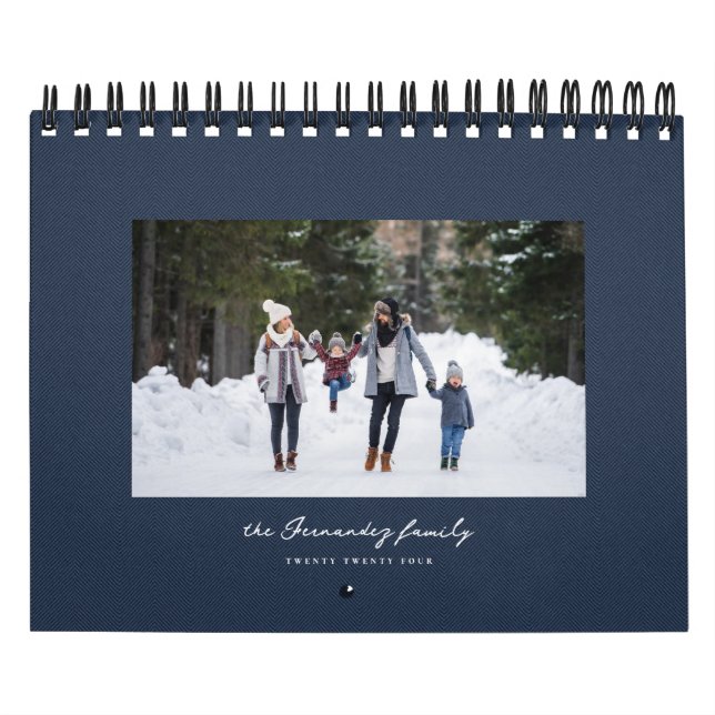 Simple navy blue herringbone tweed classic family calendar (Cover)