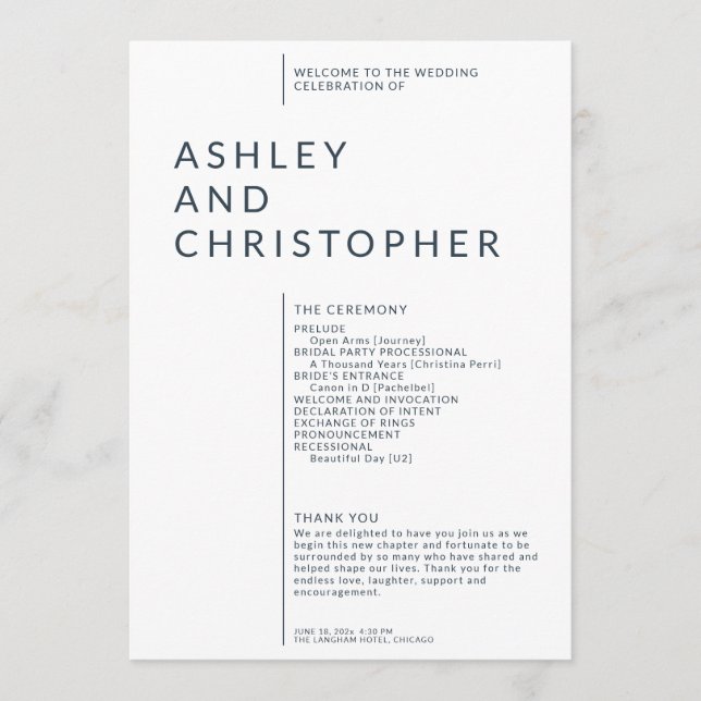 Simple Navy Blue Isolated Names Wedding Ceremony Program (Front)