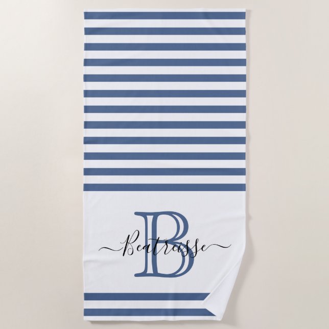 Simple Navy Blue Line Nautical Monogram Initial Beach Towel (Front)