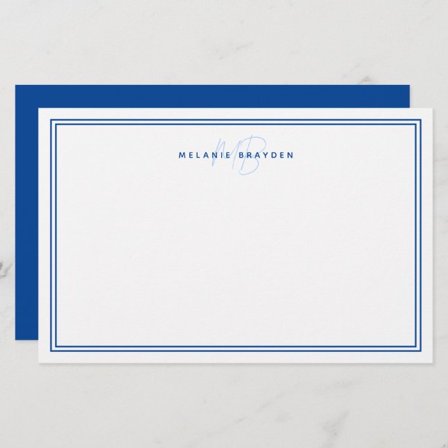Simple Navy Blue Minimalist Monogram Two Border Stationery (Front/Back)