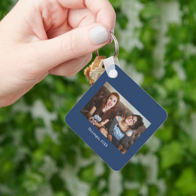 Simple Navy Blue Minimalist Photo Keepsake Key Ring (Hand)