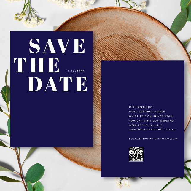 Simple Navy Blue Minimalist QR Code Wedding Save The Date (Creator Uploaded)