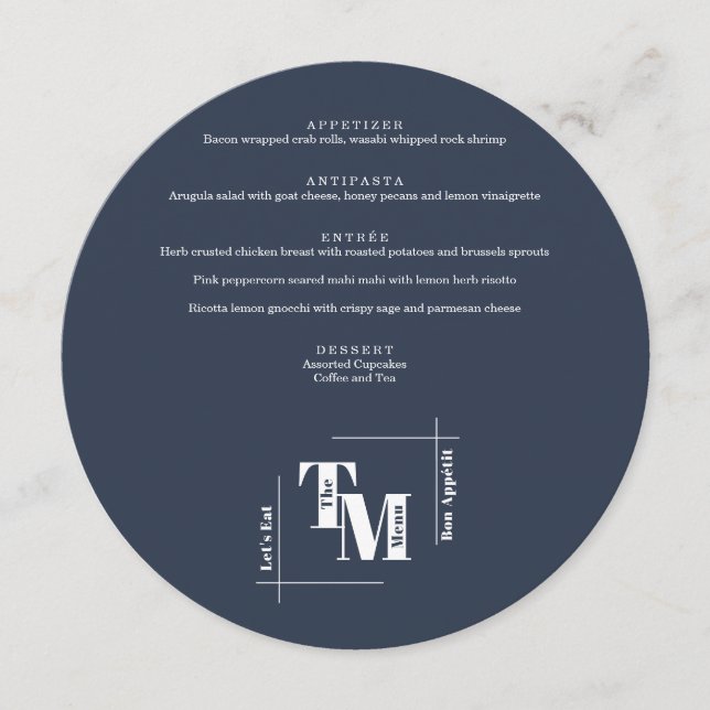 Simple Navy Blue Modern Chic Wedding Thank You Menu (Front)