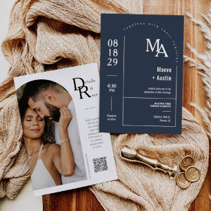 Simple Navy Blue Modern Minimal Arch Photo QR Code Invitation
