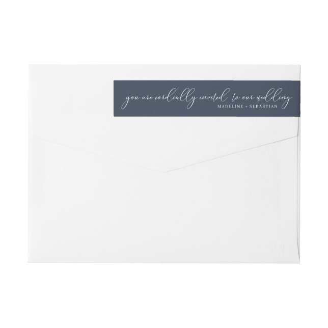 Simple Navy Blue Modern Minimalist Wedding Script Wrap Around Label (Back)