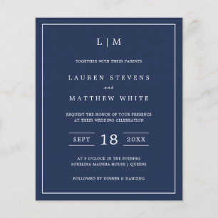Simple Navy Blue Monogram Budget Wedding Invite