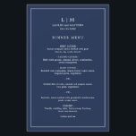 Simple Navy Blue Monogram Elegant Wedding Menu<br><div class="desc">Simple wedding menu featuring a modern yet elegant design with your two letter monogram along with your names and date surrounded by a thin border. All text is in white over a navy blue background. The fonts and background colours may be changed to any colours you wish by clicking the...</div>