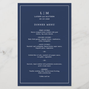 Simple Navy Blue Monogram Elegant Wedding Menu