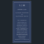 Simple Navy Blue Monogram Elegant Wedding Program<br><div class="desc">Modern Wedding Program featuring a simple yet elegant design with a traditional layout. Your two letter monogram is at the top along with your details surrounded by a thin border. All design elements are white over a navy blue background and may be changed in the design editing tool. A minimalist...</div>