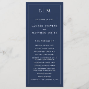 Simple Navy Blue Monogram Elegant Wedding Program