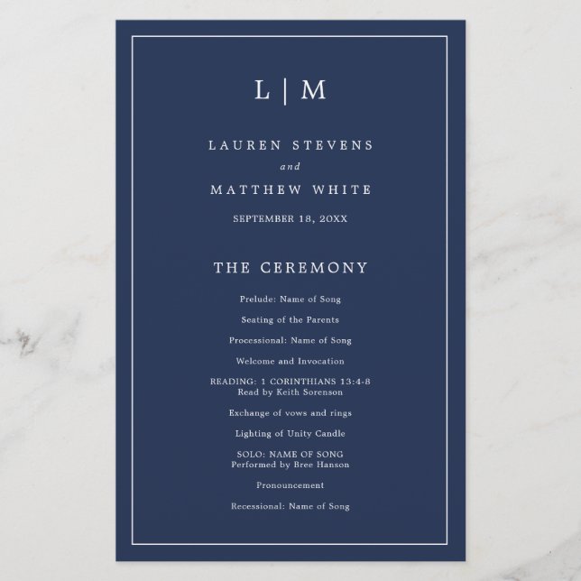Simple Navy Blue Monogram Elegant Wedding Program Flyer (Front)